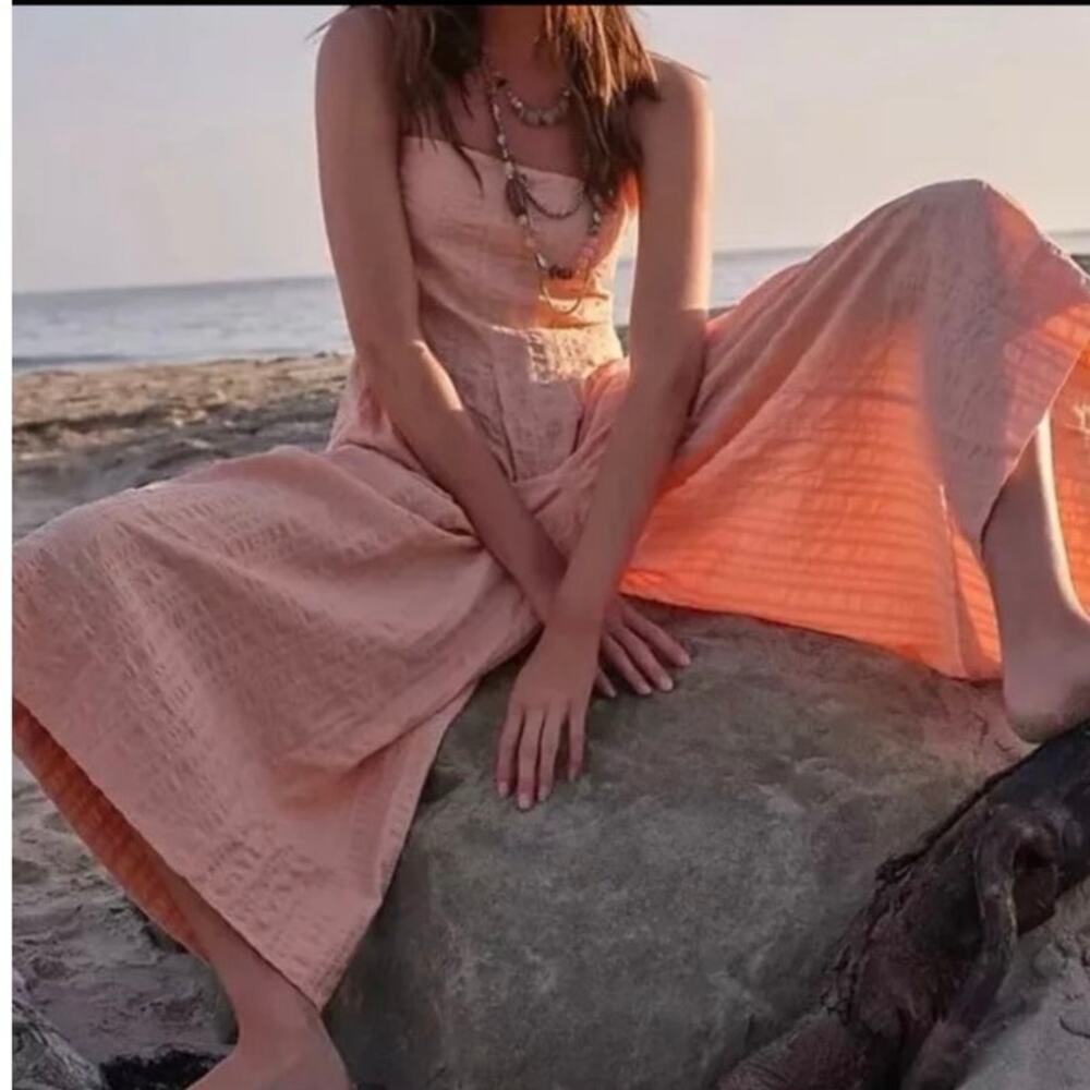 NWT Free People Devon Jumpsuit Size Small Peach Seersucker Stripe
